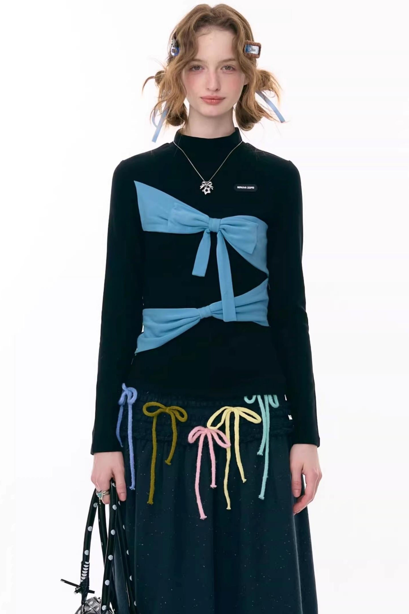 Retro Contrast Bow Knit Top