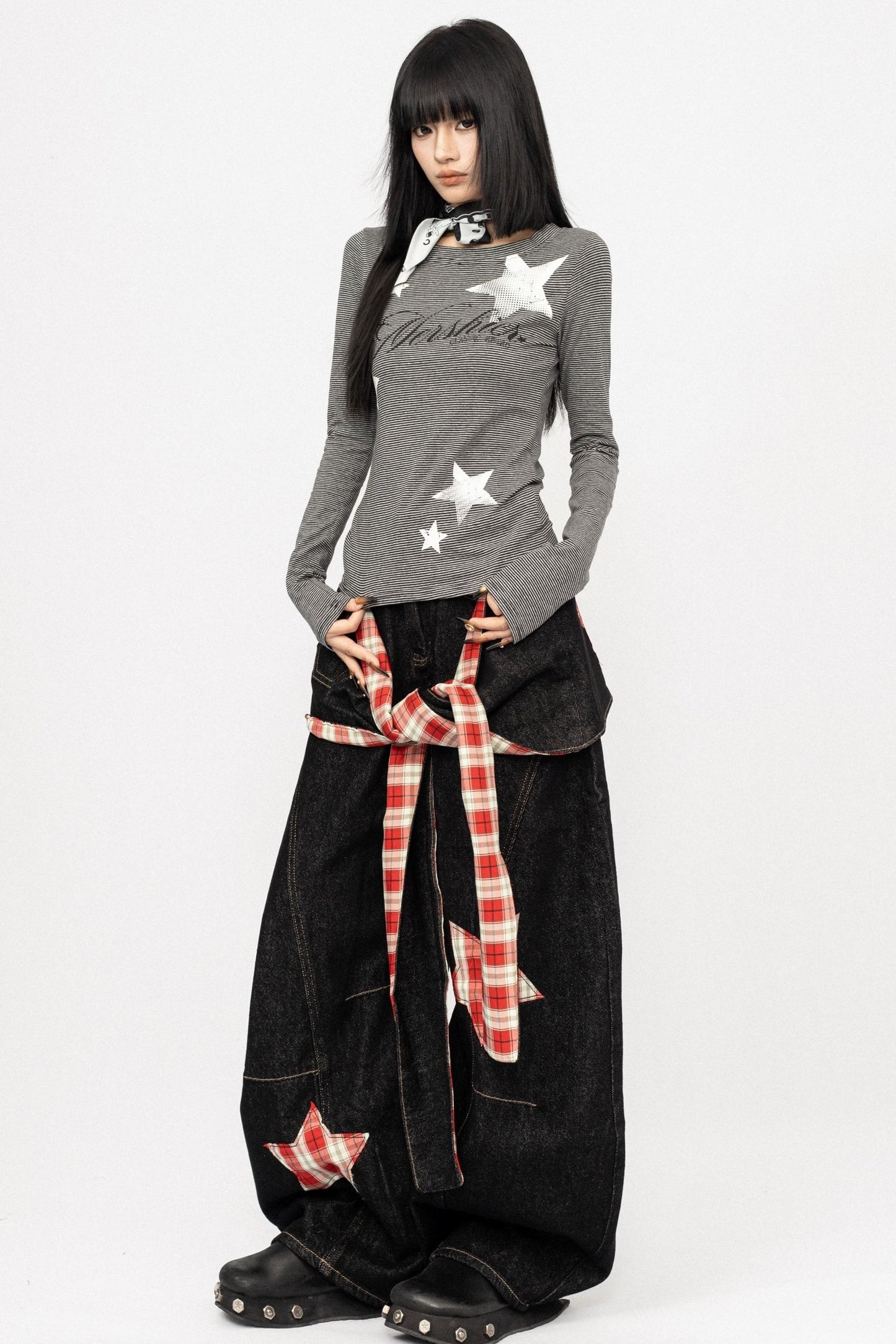 Vintage Spice Girl Plaid Stitched Wide-leg Pants