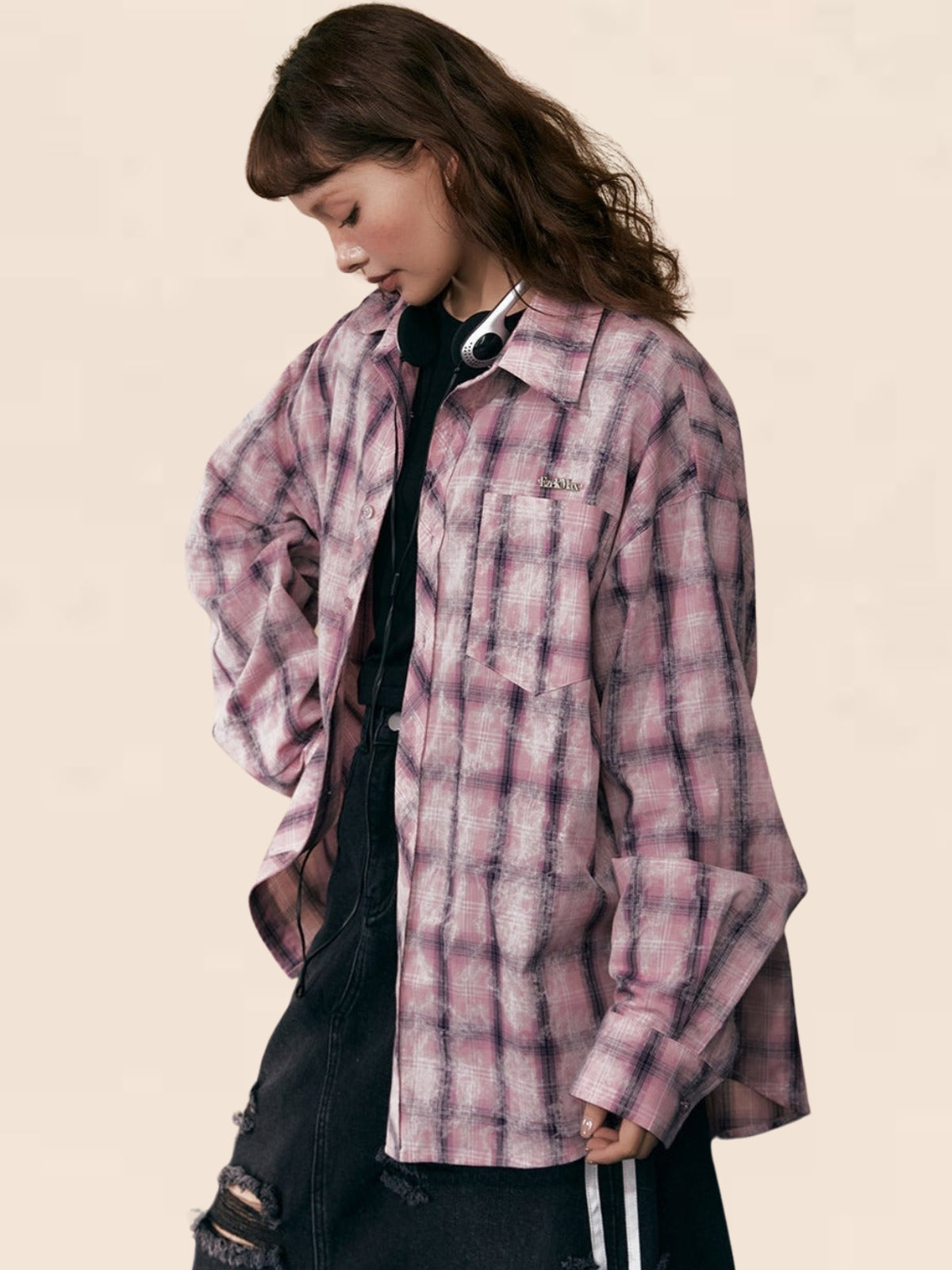 Pink Checked Loose Casual Shirt