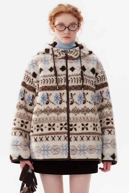 Scandinavian Snowflake Wool Hooded Coat