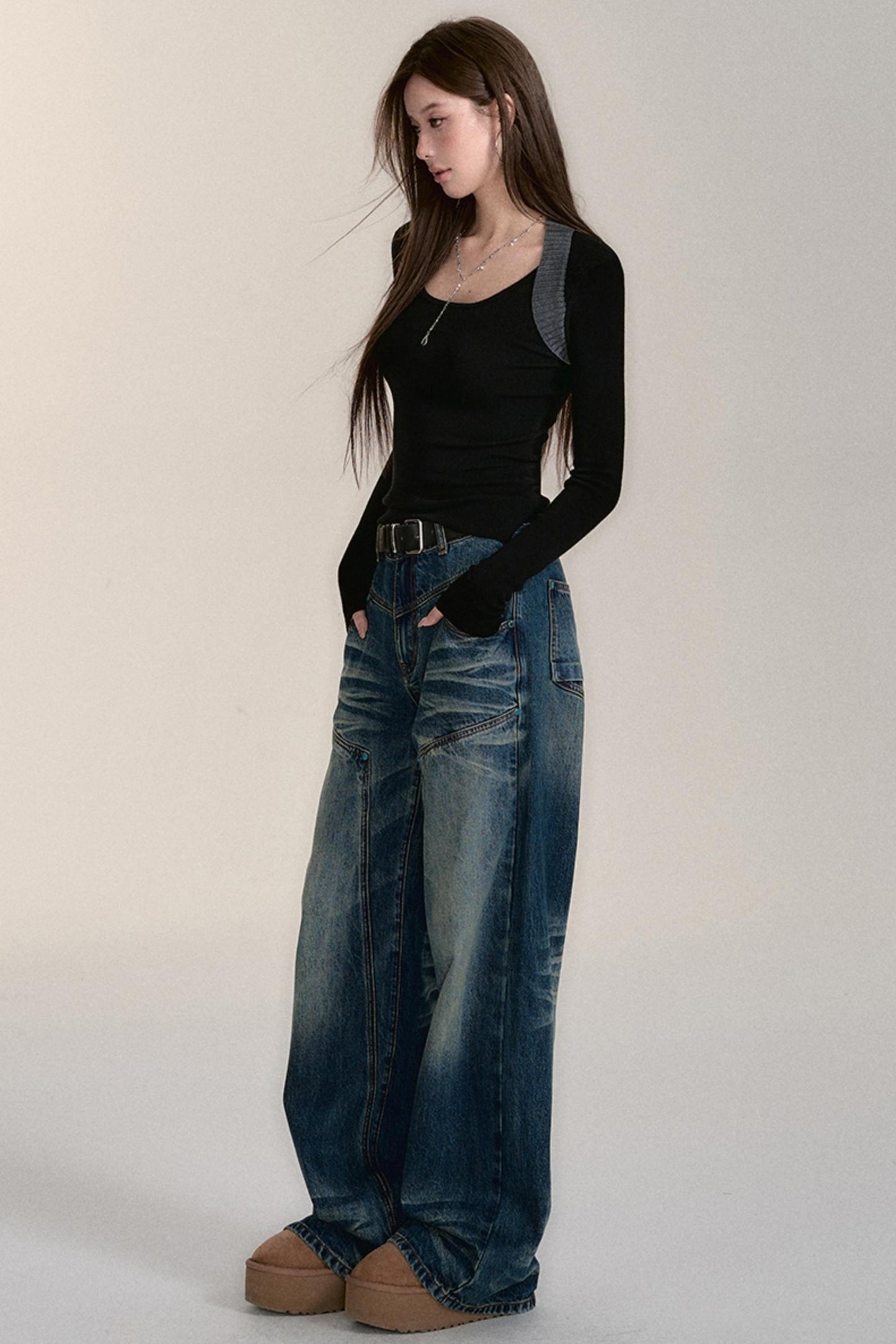 BLUE WASH DISTRESSED STRAIGHT-LEG JEANS