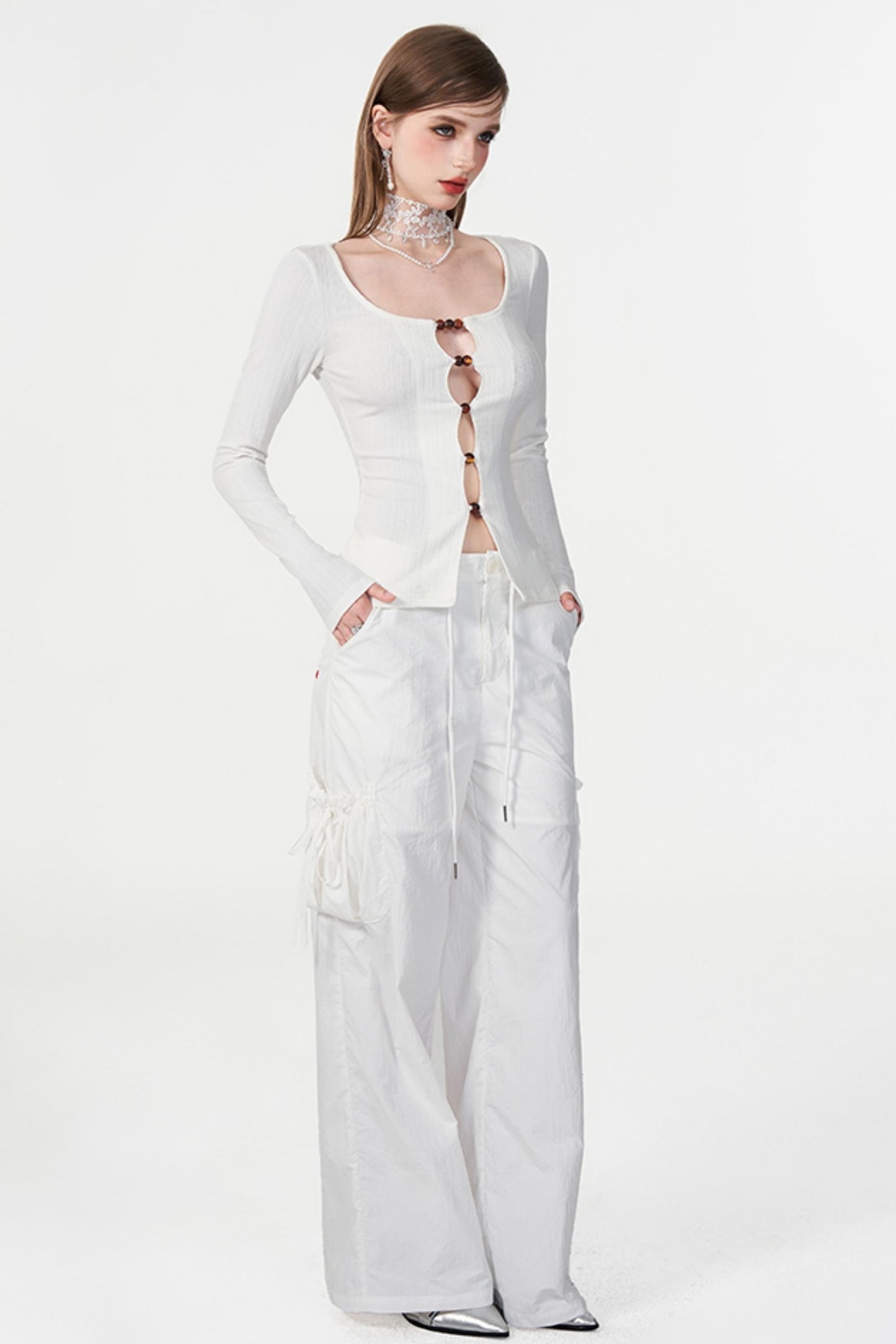 Color Beaded U-Neck Long Sleeve Tee