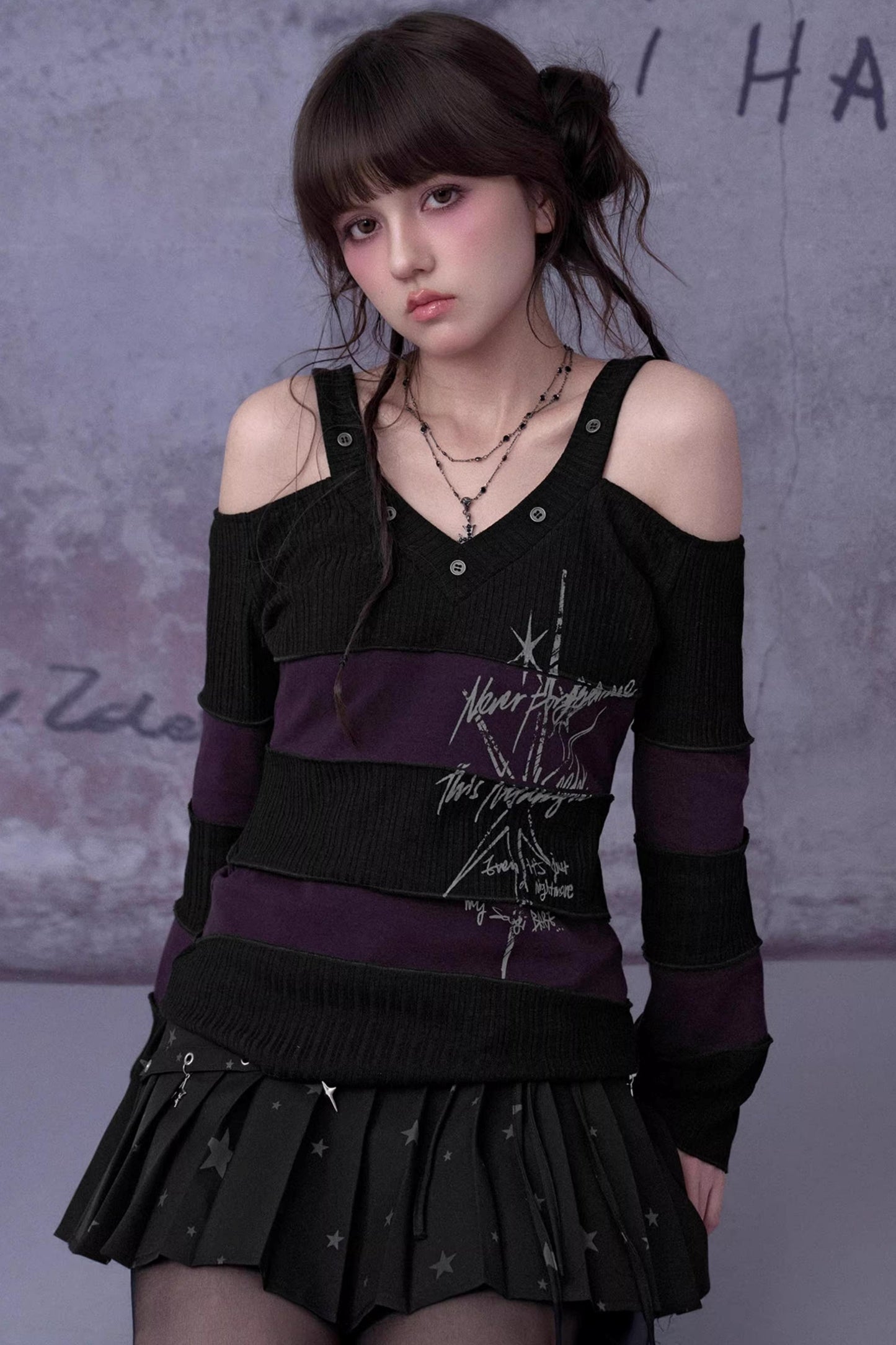 Black and Purple Off-Shoulder Knit Top