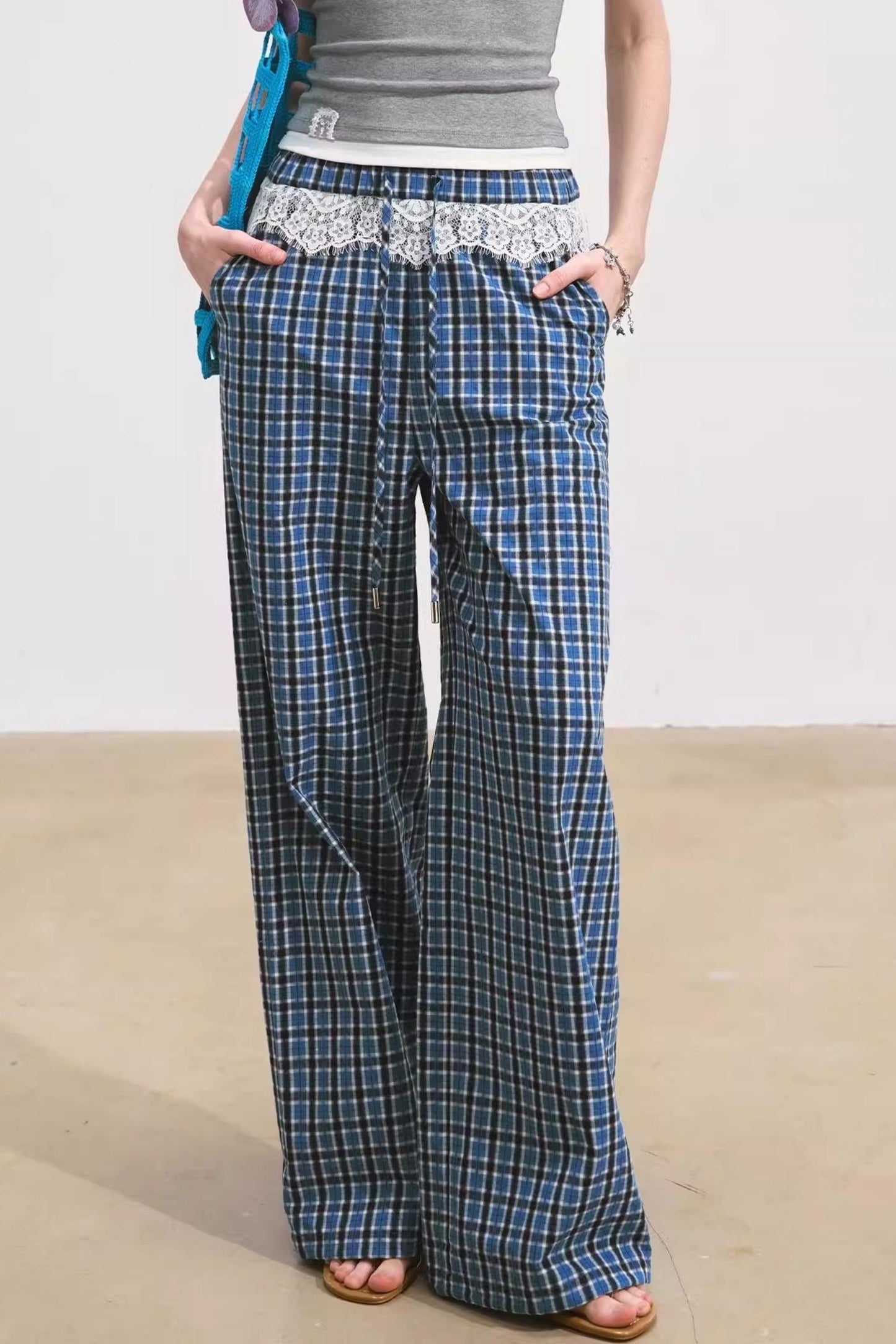 Blue Lace-Trimmed Plaid Wide-Leg Pants