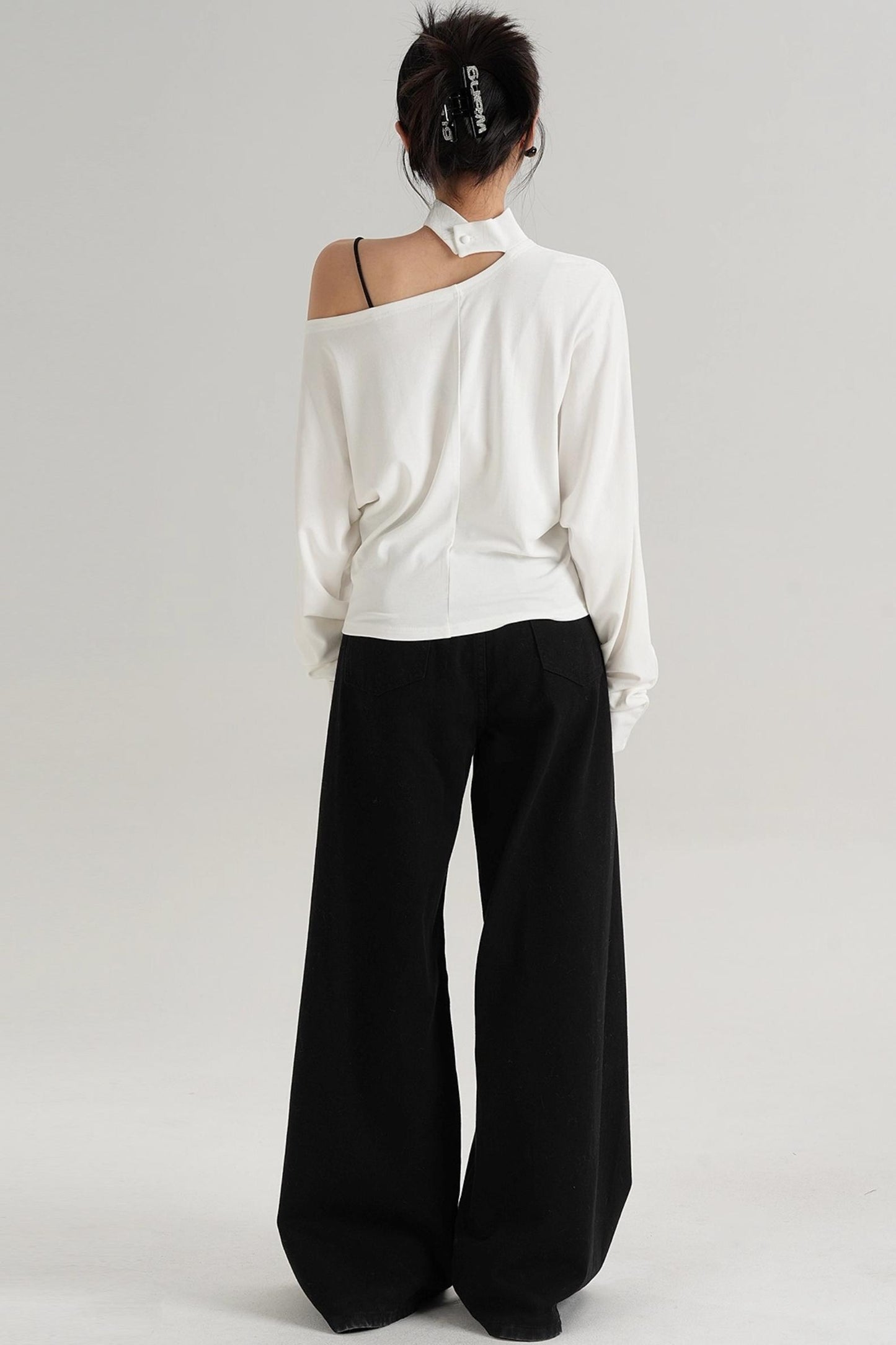 Halterneck Slanted Shoulder Long Sleeve Top