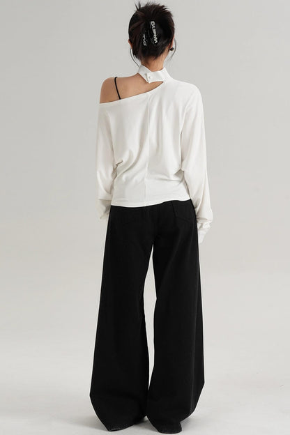 Halterneck Slanted Shoulder Long Sleeve Top