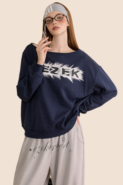 Retro Navy Slanted Shoulder Sweatshirt