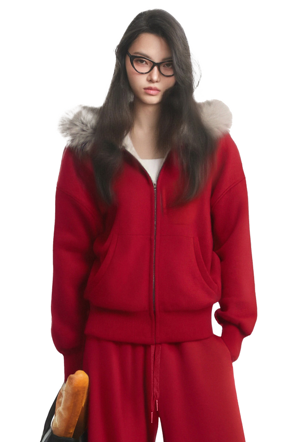 Completo giacca felpa in pile rosso