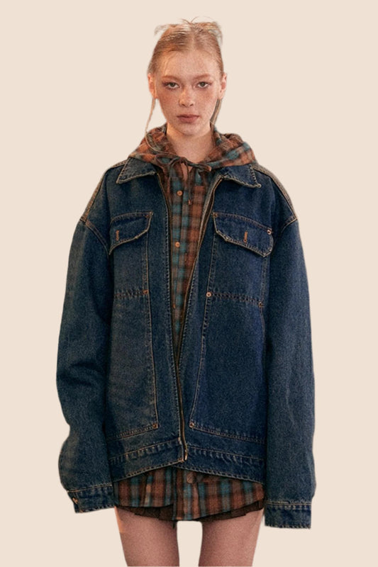 EZEK AMERICAN VINTAGE DISTRESSED WASH DENIM JACKET WOMEN'S LOOSE CASUAL PRE-FALL NEW JACKET DRESS TOP TIDE