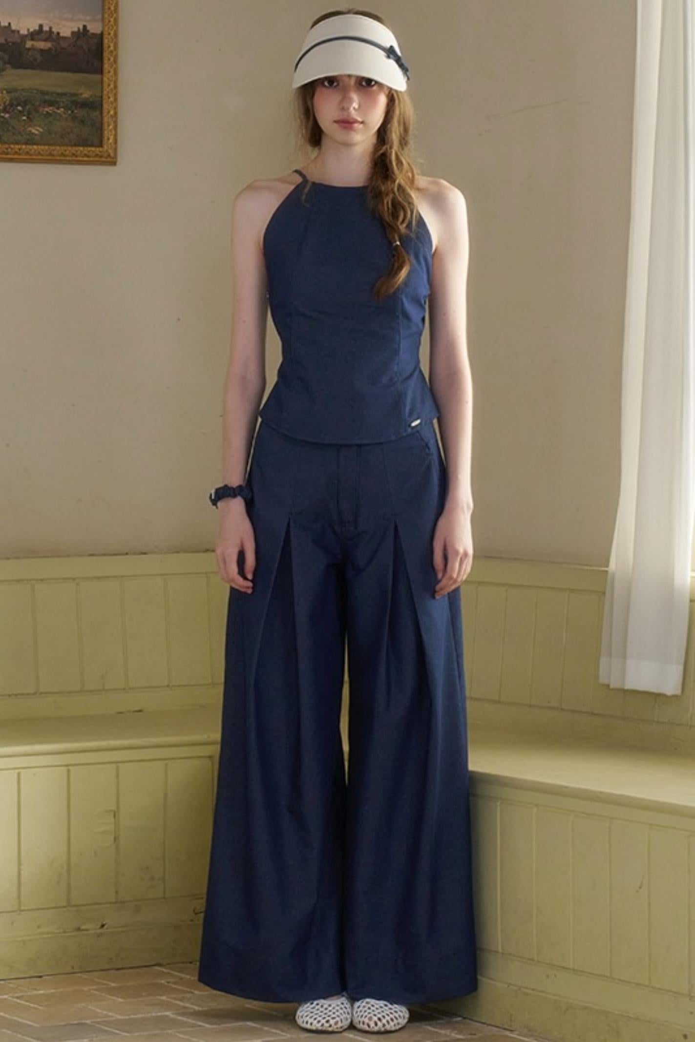 Cow Blue Pleated Denim Wide-Leg Pants Set-Up