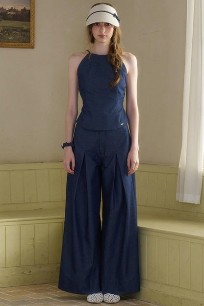 Cow Blue Pleated Denim Wide-Leg Pants Set-Up