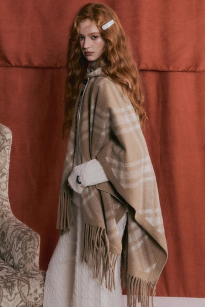 Retro Plaid Tassel Cape Shawl