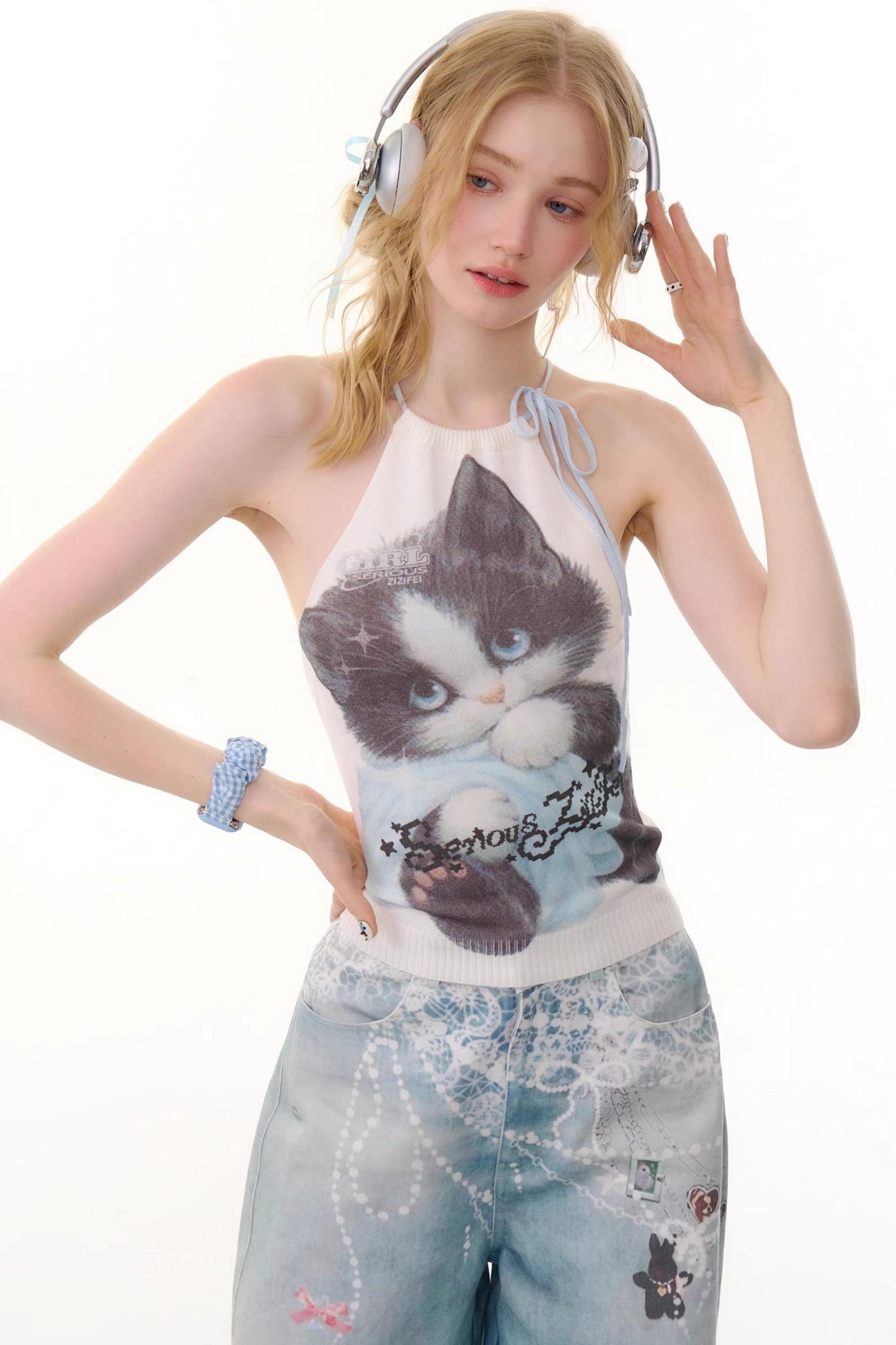 Summer Cat Knitted Halter Top