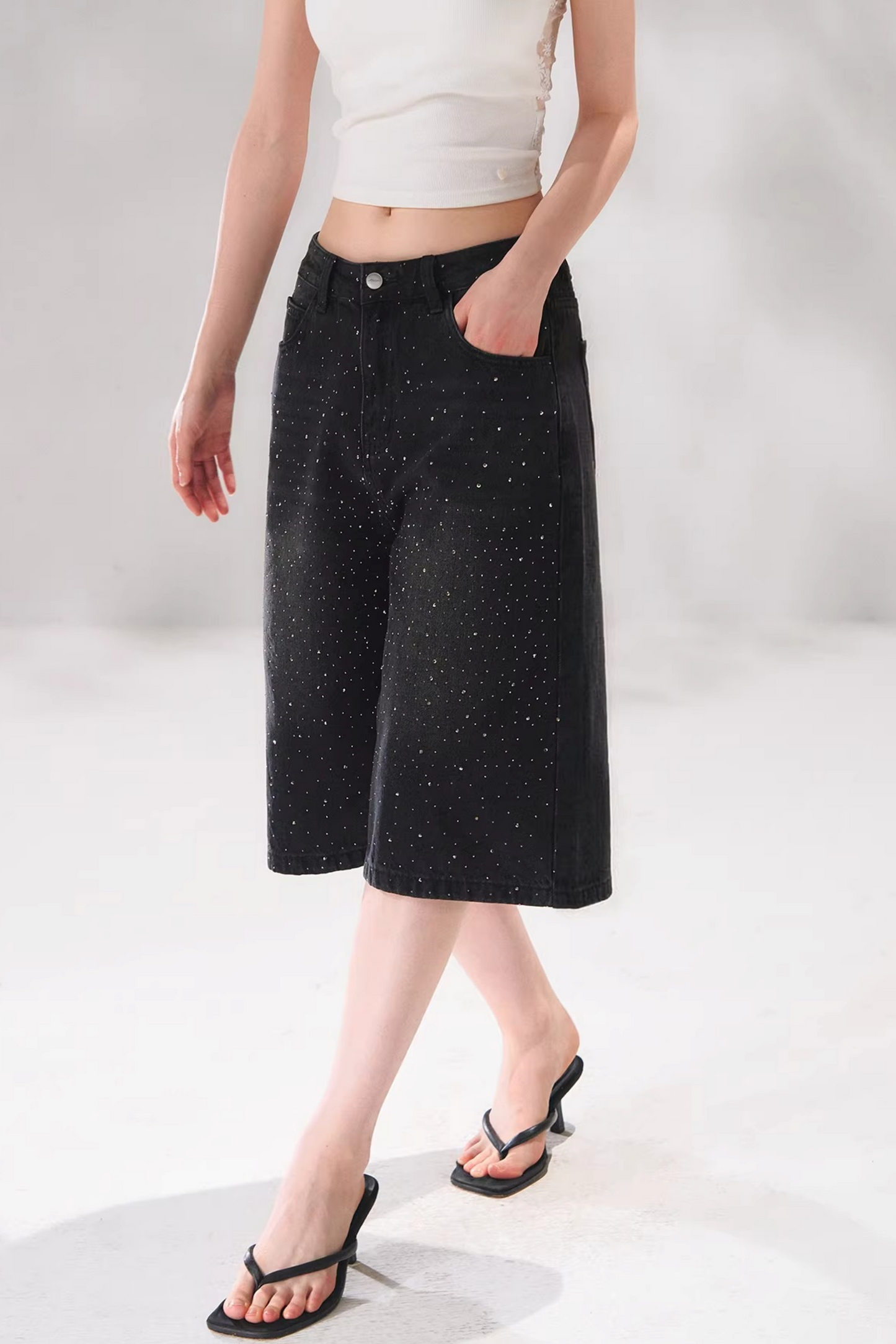 Rhinestone Denim Cropped Pants