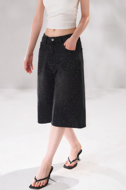Rhinestone Denim Cropped Pants