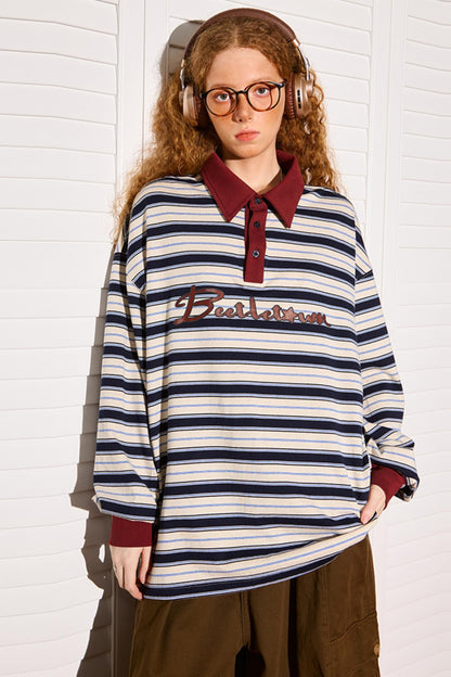Loose Fit Striped Polo Neck Top