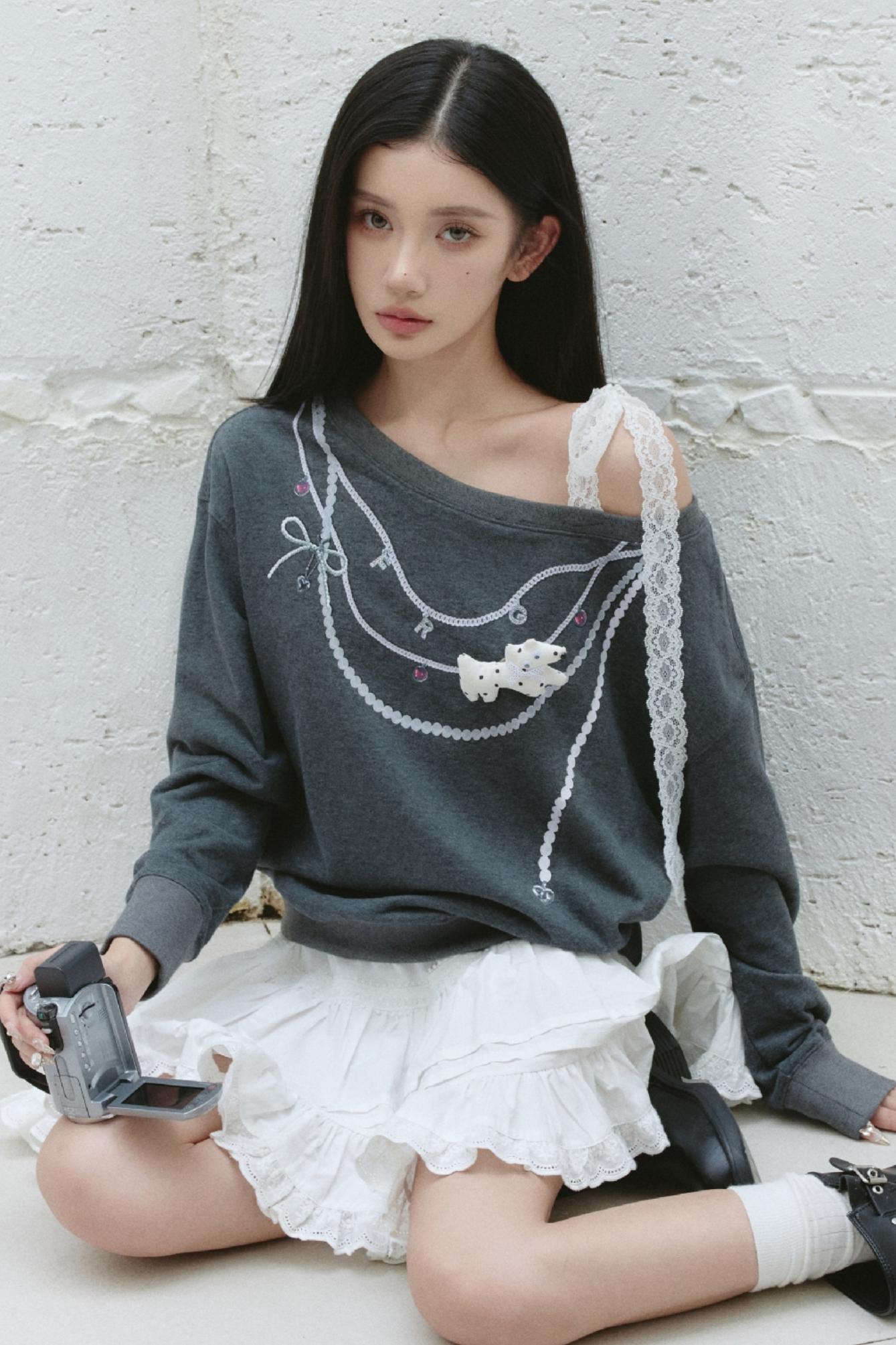 Gray Slanted Shoulder Tie Sweatshirt