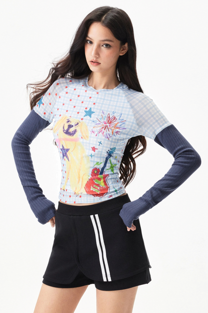 Graffiti Mesh Patchwork Top
