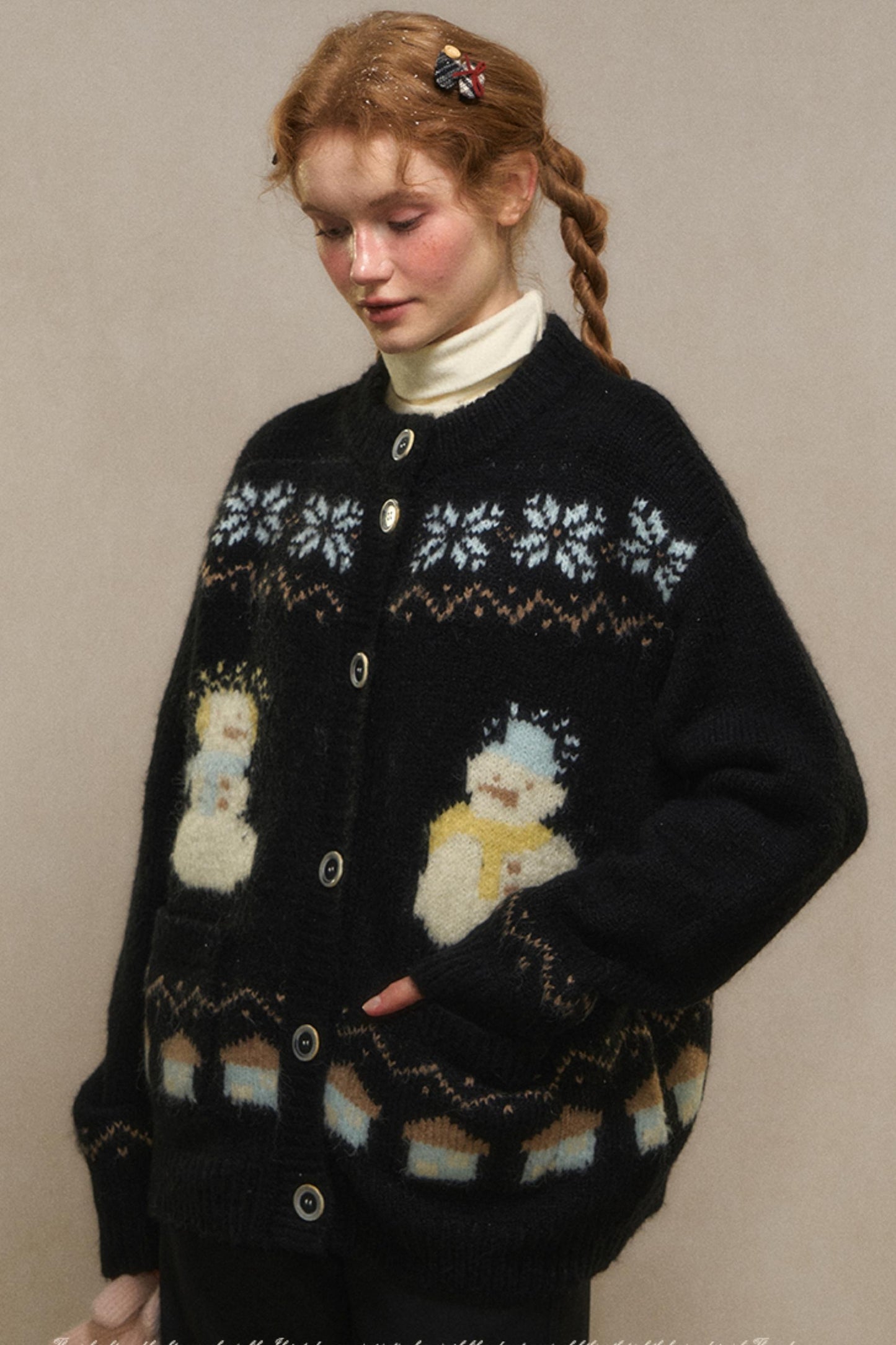 Vintage Snowman Jacquard Knit Cardigan