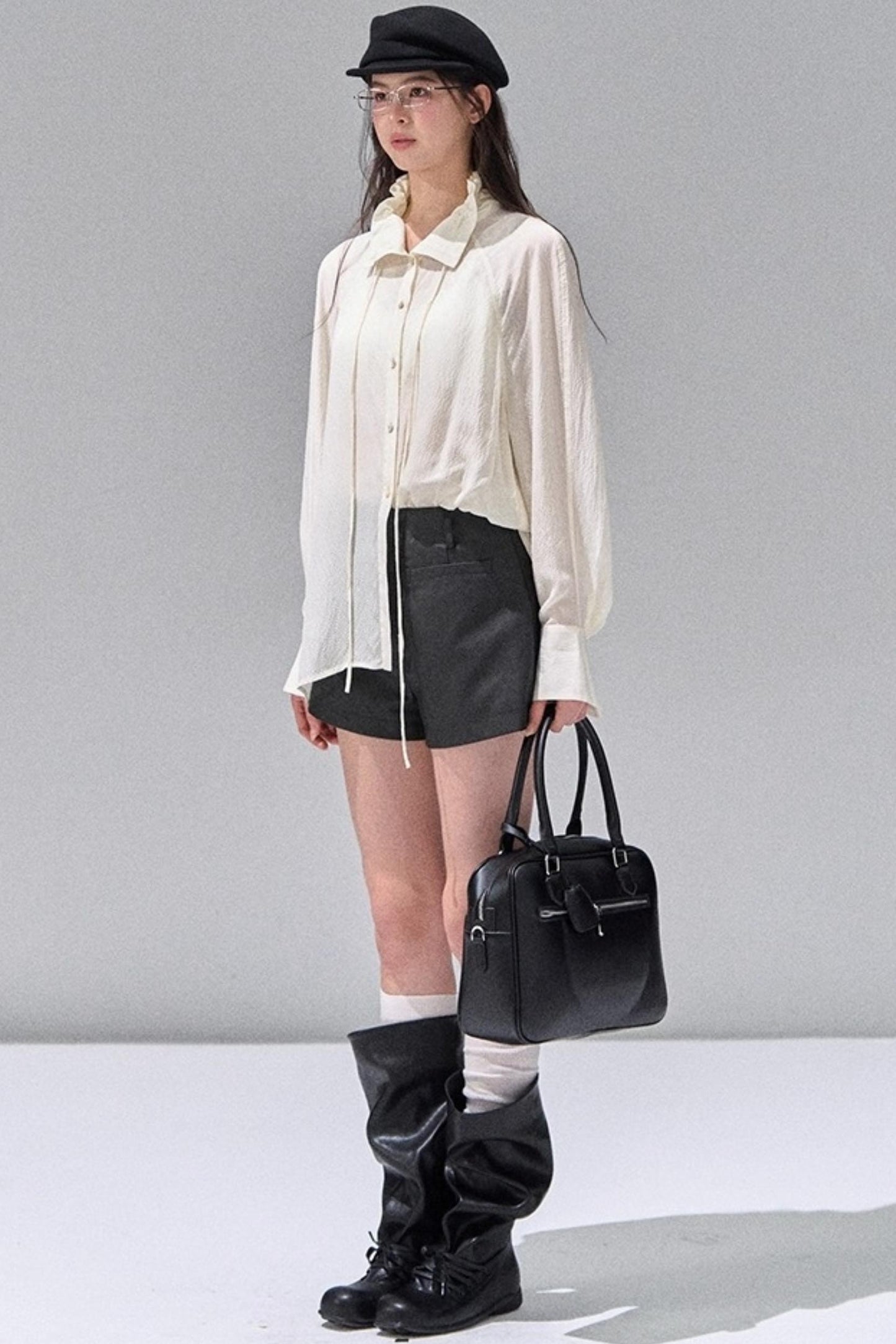 Fungus Edge Collar Drawstring Lace-up Shirt