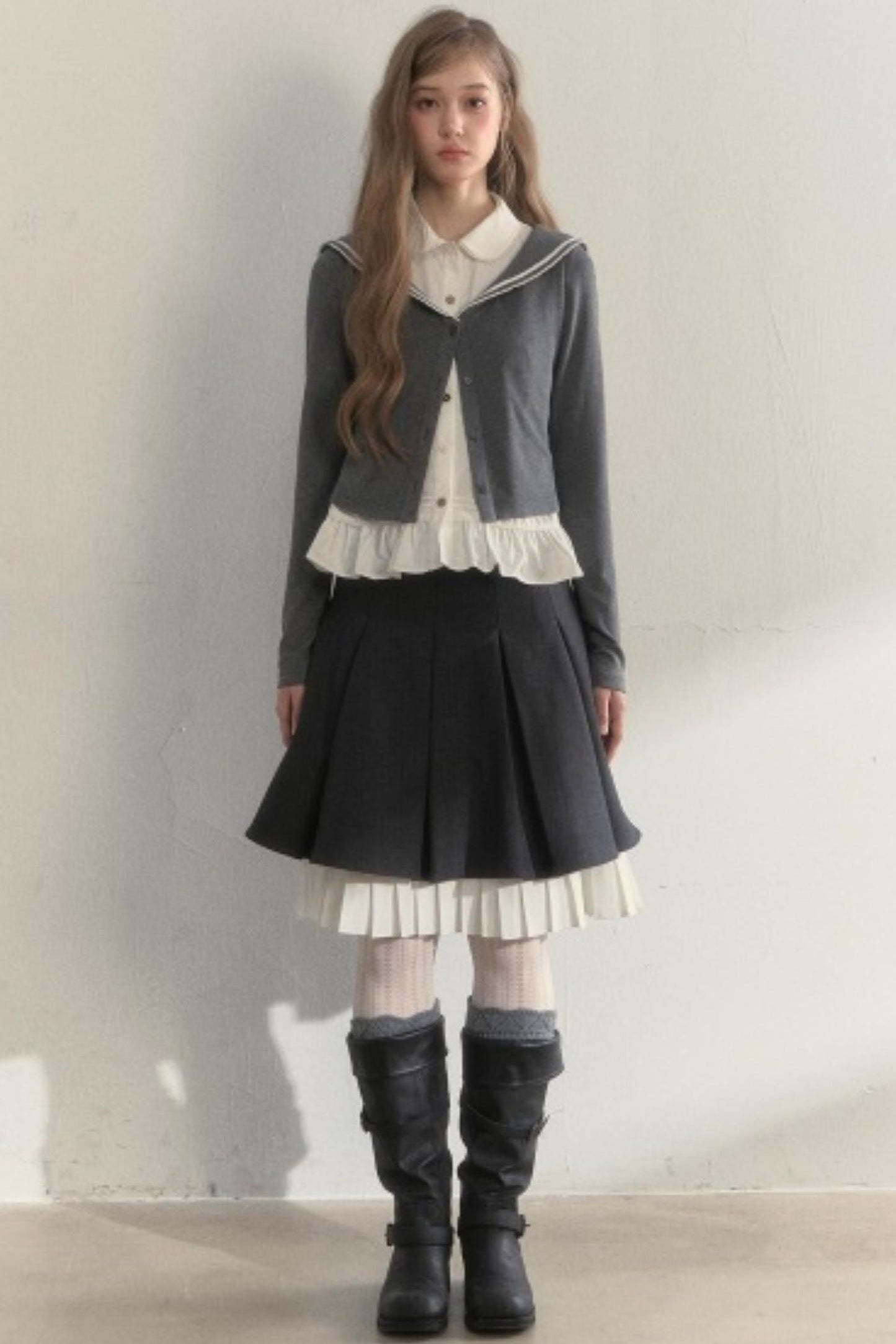 College Navy Collar Top & Skirt Set-Up