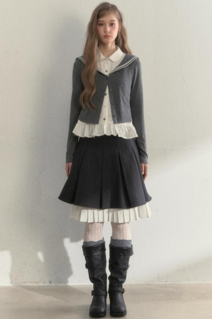 College Navy Collar Top & Skirt Set-Up