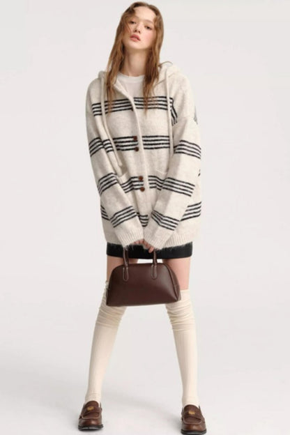 Striped Wool Hooded Knit Cardigan