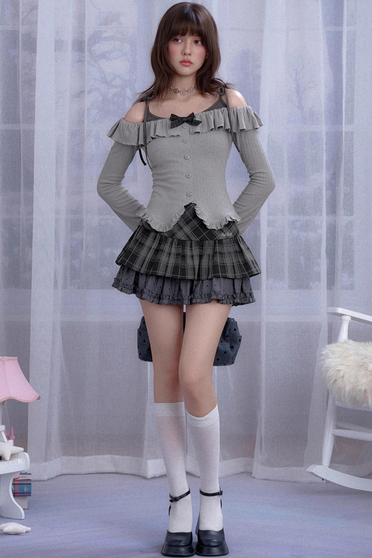 Gray One-Shoulder Long-Sleeved Slim Top