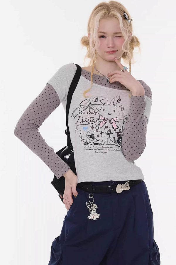 Gray Tone Rabbit Print Top
