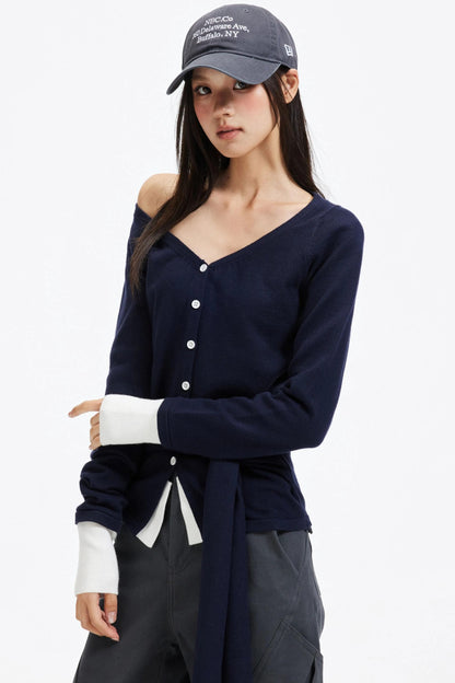 Color-Blocking Knit Off-Shoulder Sweater