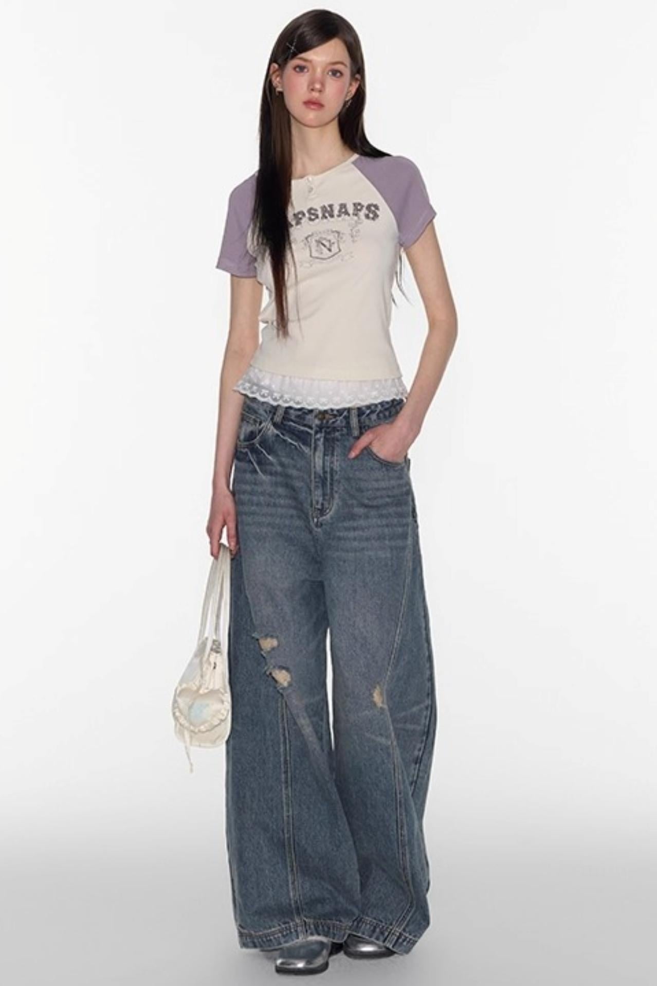 American Retro Contrast Raglan Crop Top