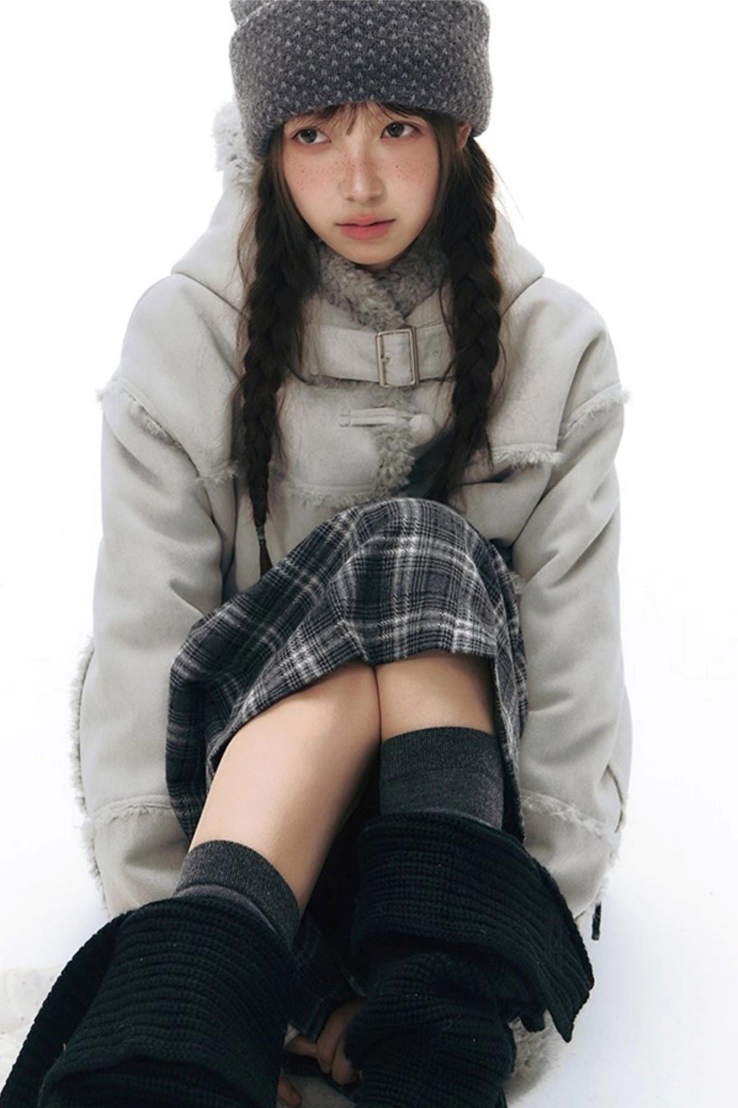 Double Waist Plaid Woolen Pleated Midskirt