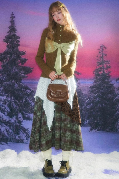 High Waist Irregular Plaid Leopard Print Midi Skirt