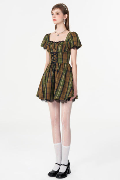 Greenfield Checkered Puff Sleeve Dress