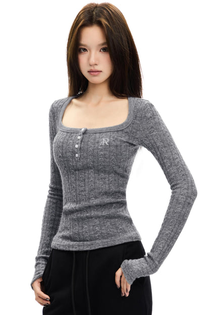 Retro Square Neck Cable Knit Top