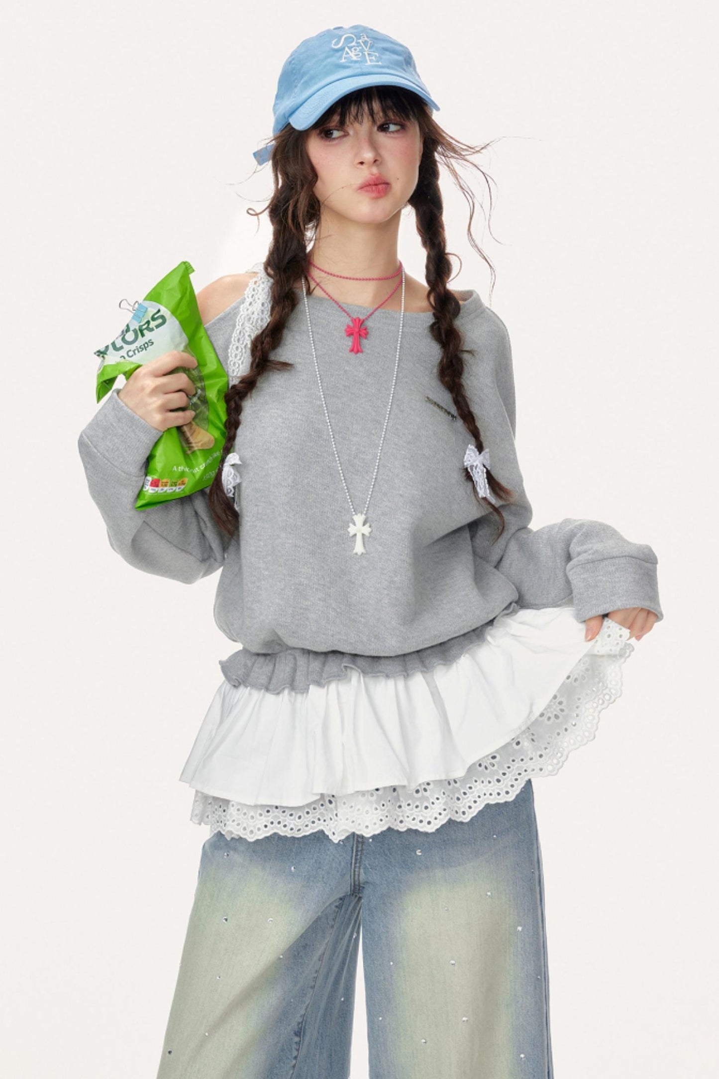 Skin-Friendly Slanted Shoulder Sweatshirt