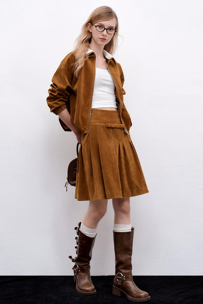 Suede Irregular Pleated Skirt