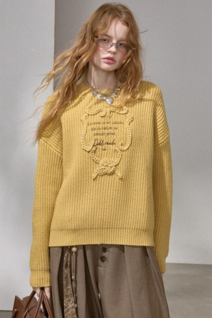 Ribbon Embroidery Crew Neck Sweater