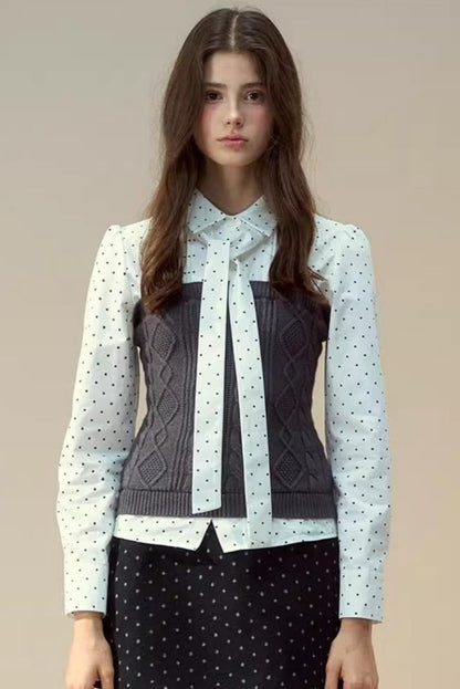 Polka Dot Patchwork Shirt And Skirt Set-Up