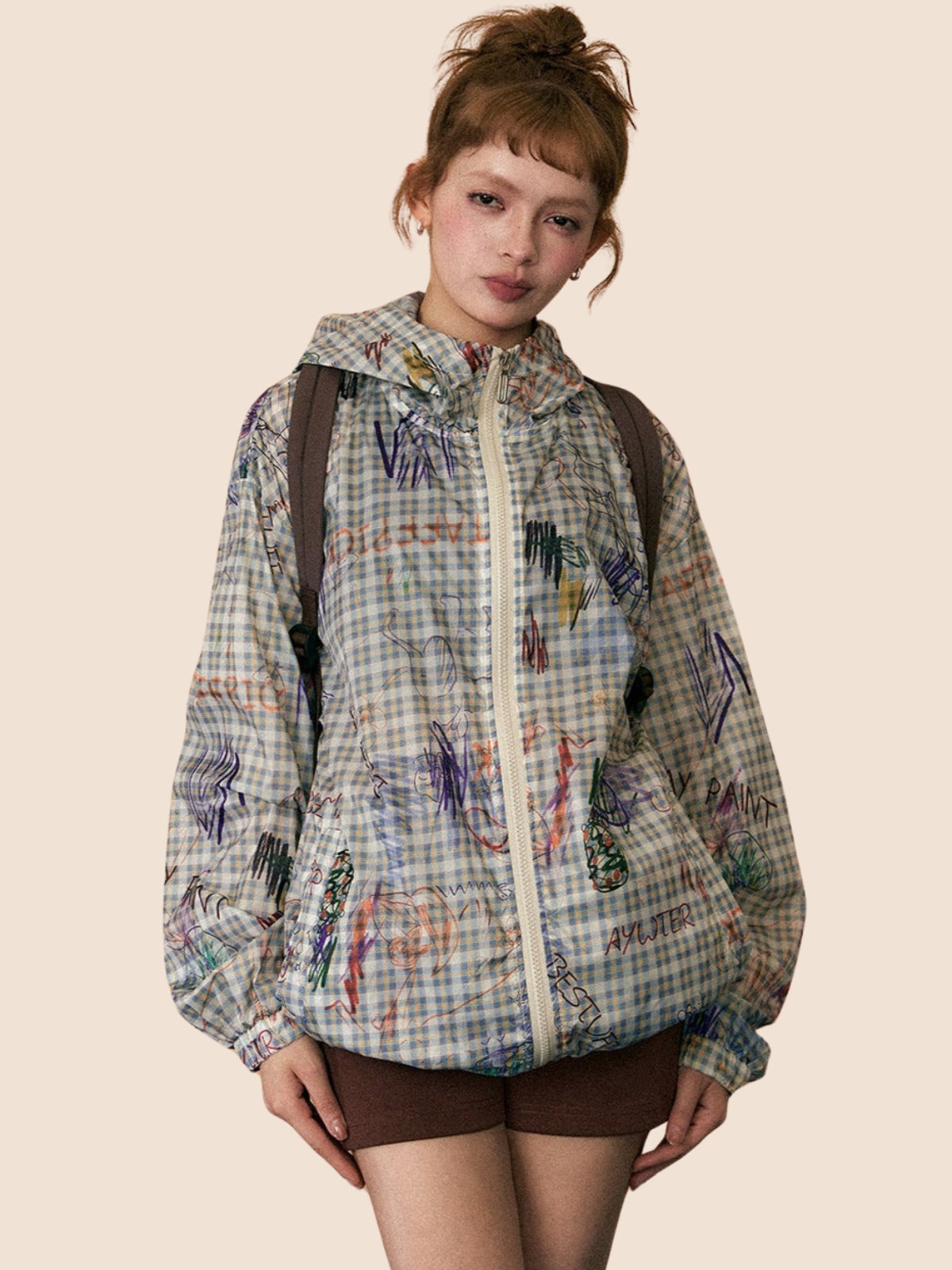 Graffiti Plaid Kapuzen-Sonnenschutzjacke