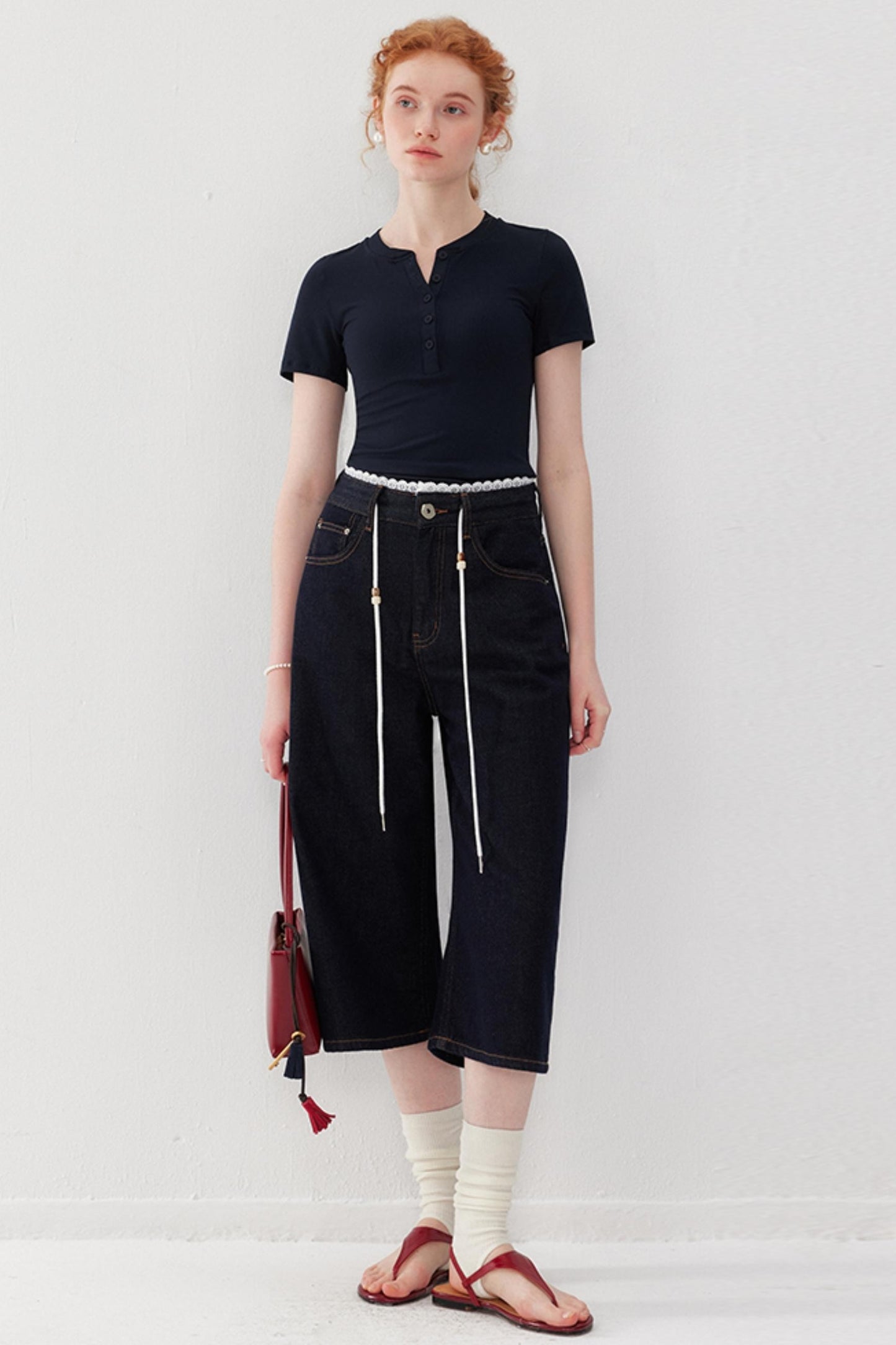 Lace-Detail Denim Culottes Pants