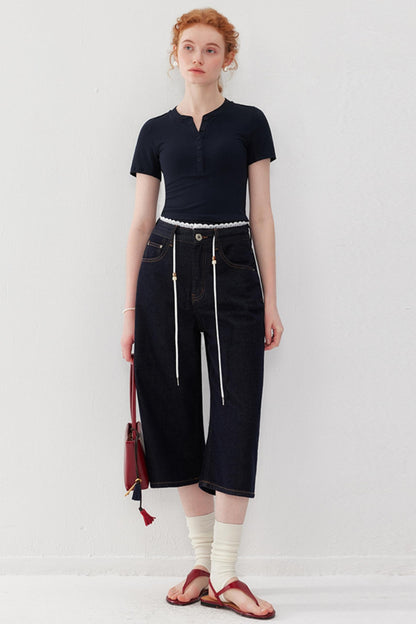 Lace-Detail Denim Culottes Pants