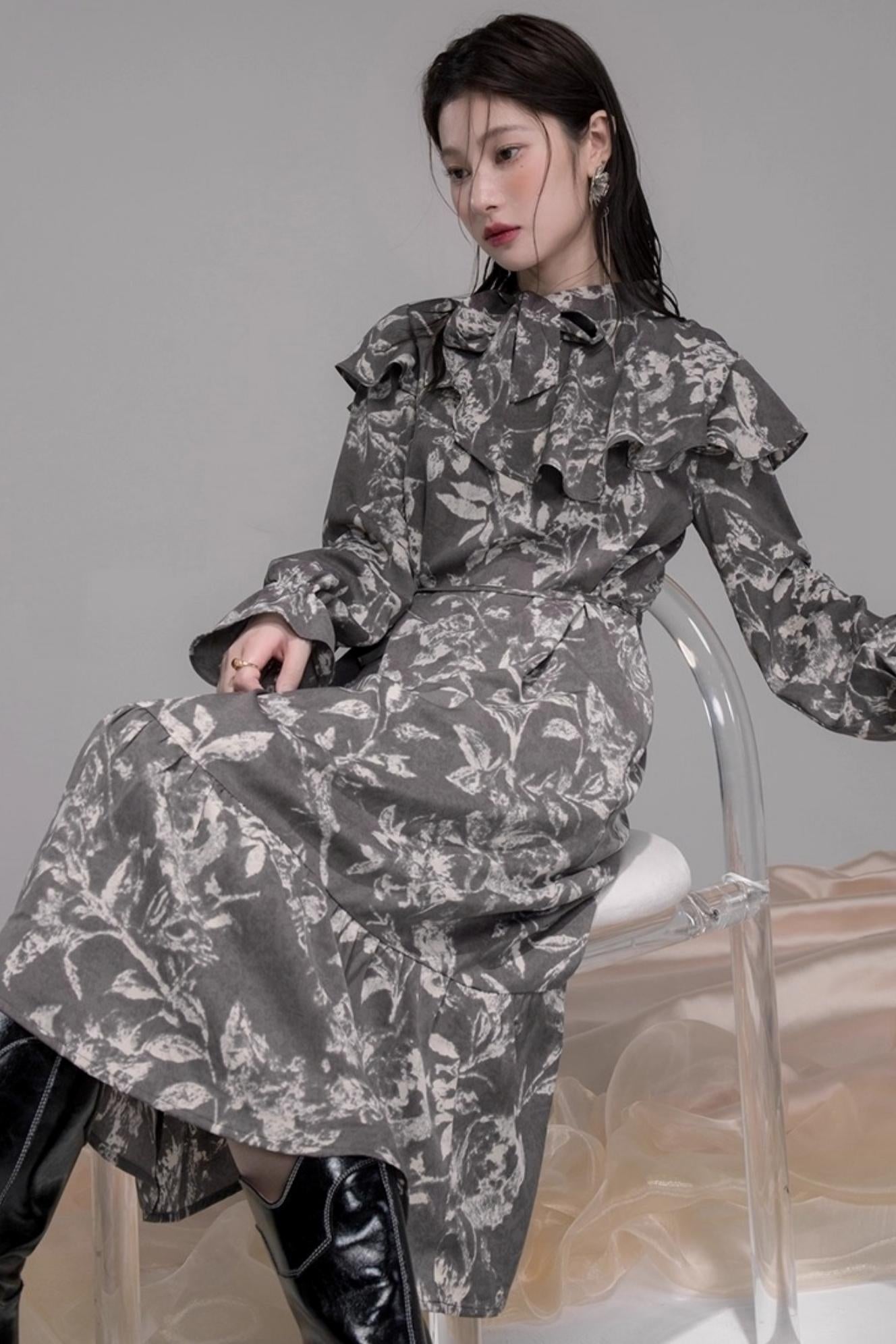 Lace-Up Shawl Collar Dress