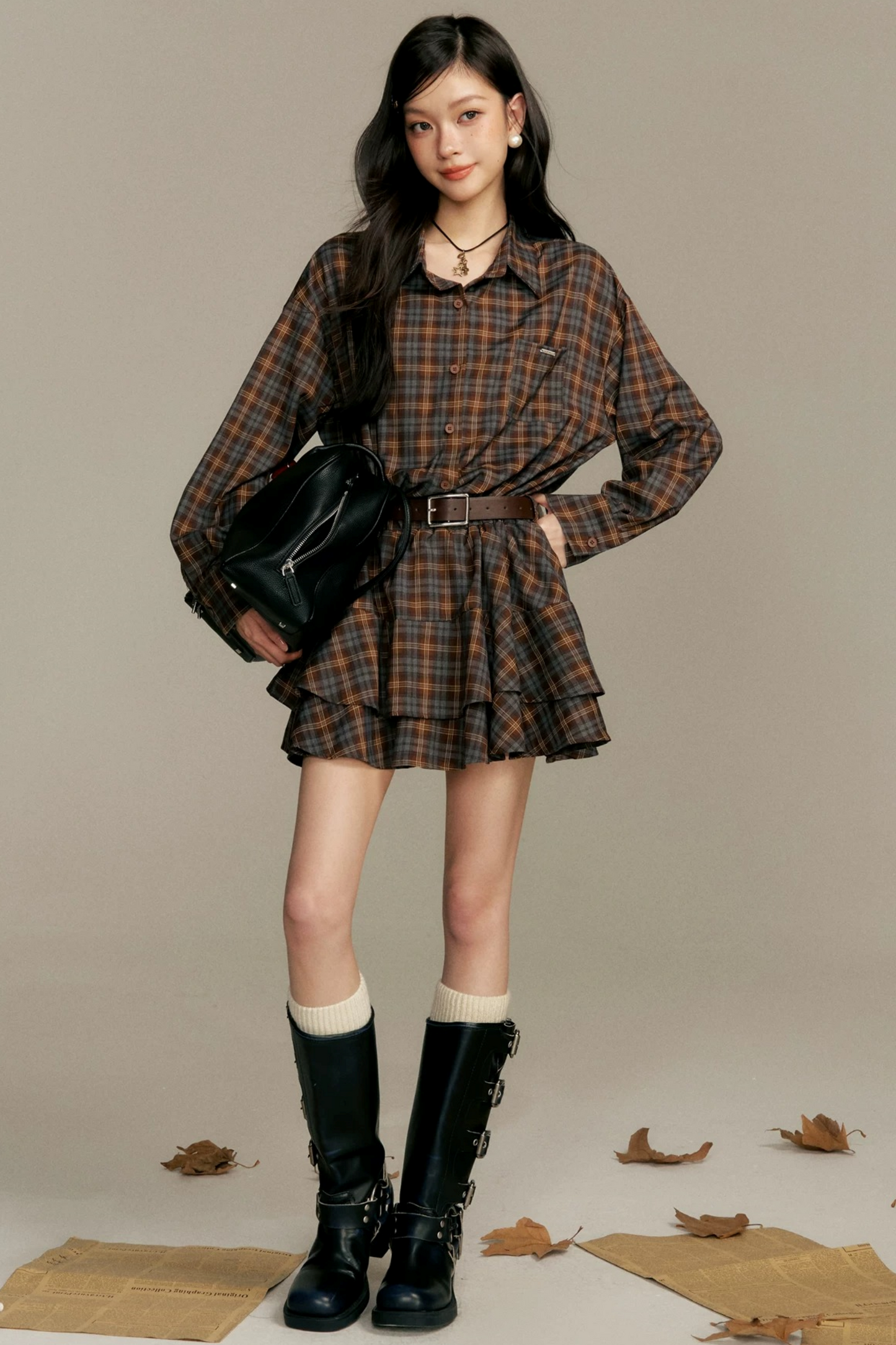Shawl Paired Plaid Dress With Belt Set-Up