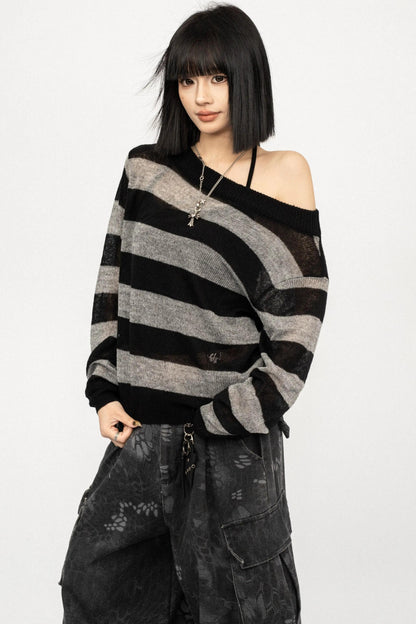 Retro Striped Off-Shoulder T-Shirt