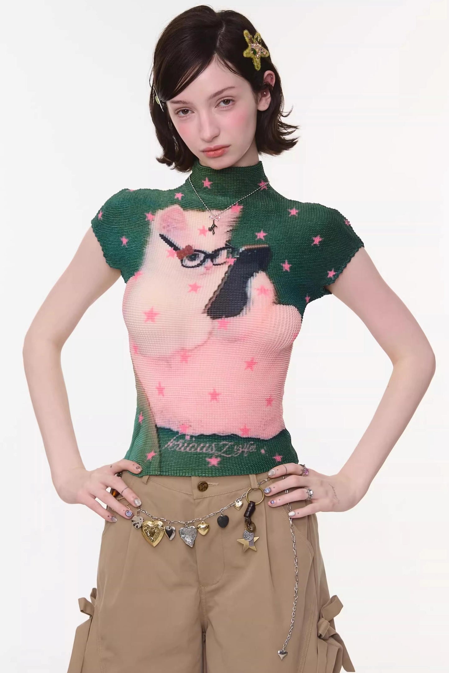 Sweet Pleated Cat Print T-Shirt