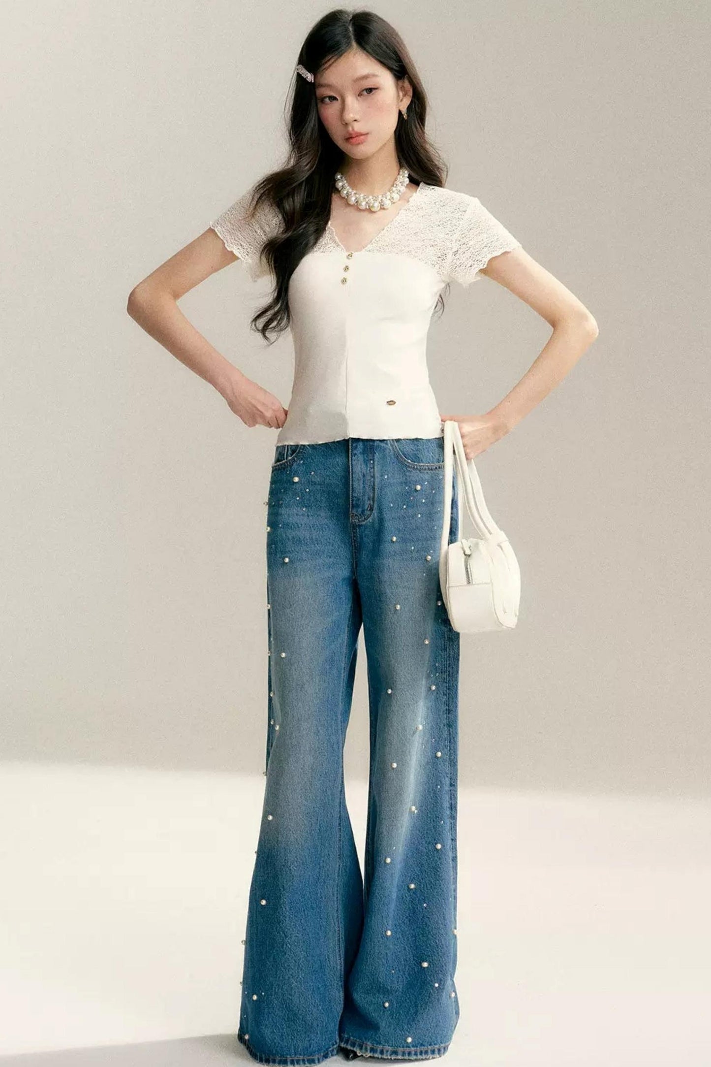 Lace-Panel V-Neck T-Shirt