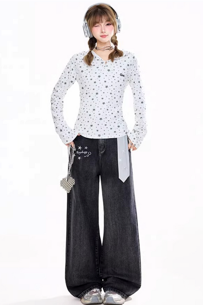 Retro Star-Printed Long-Sleeve Top