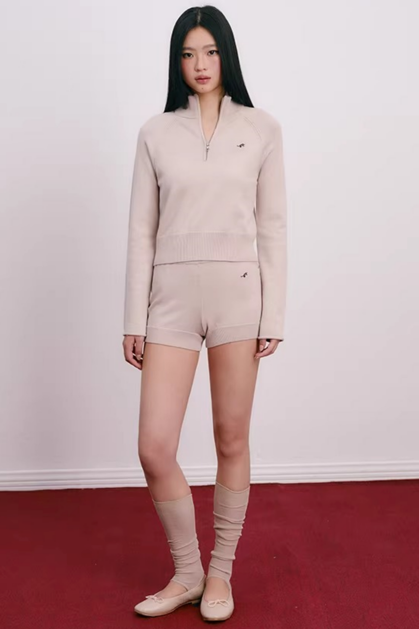 Cherry Embroidery Half-Zip Top Set