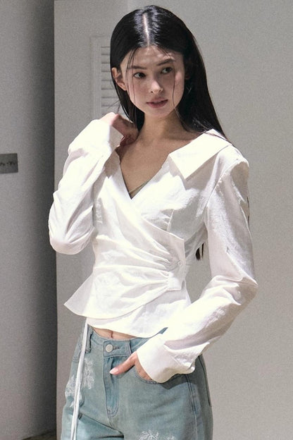 Crumpled Texture Collar Stretch Shirt